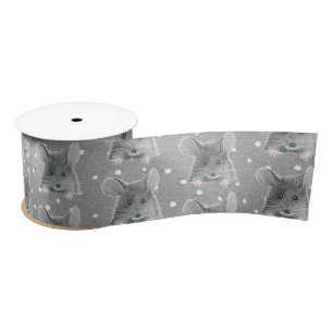 Grey Mouse on Polka Dots Satin Ribbon