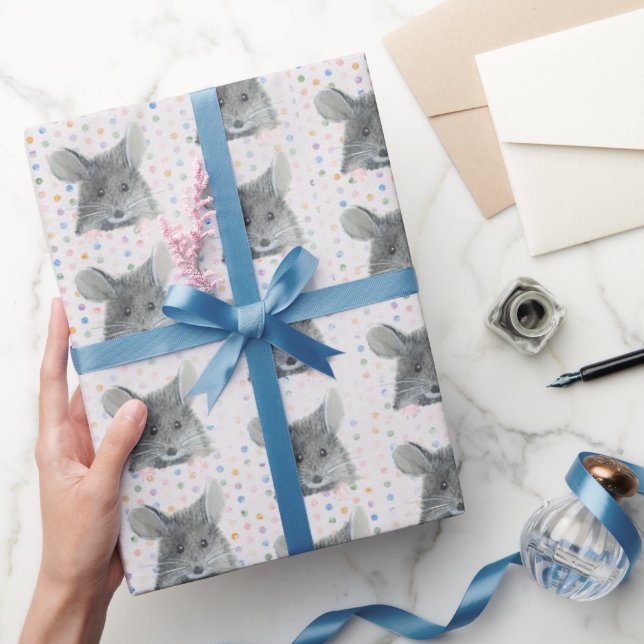 Grey Mouse on Polka Dots Wrapping Paper (Gifting)
