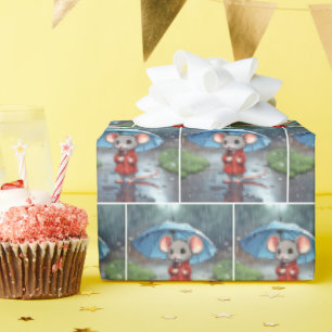 Grey Mouse Under Umbrella Wrapping Paper