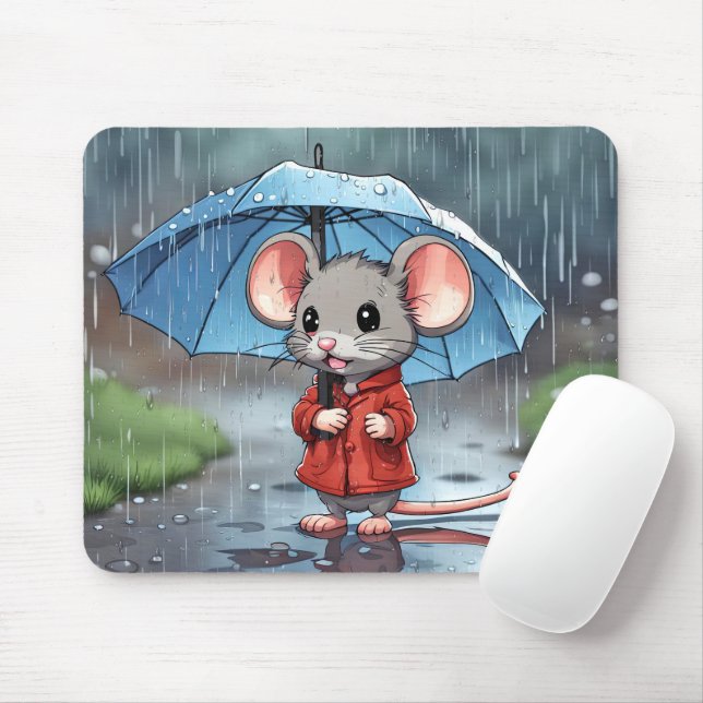 Grey Mouse With Umbrella In Rain Mouse Pad (With Mouse)