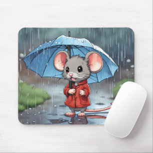 Grey Mouse With Umbrella In Rain Pad
