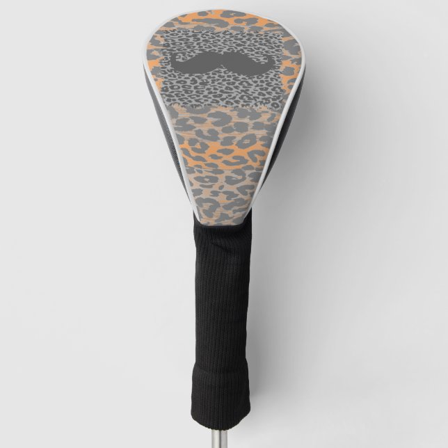 Grey Moustache and Leopard Print Golf Head Cover (Front)