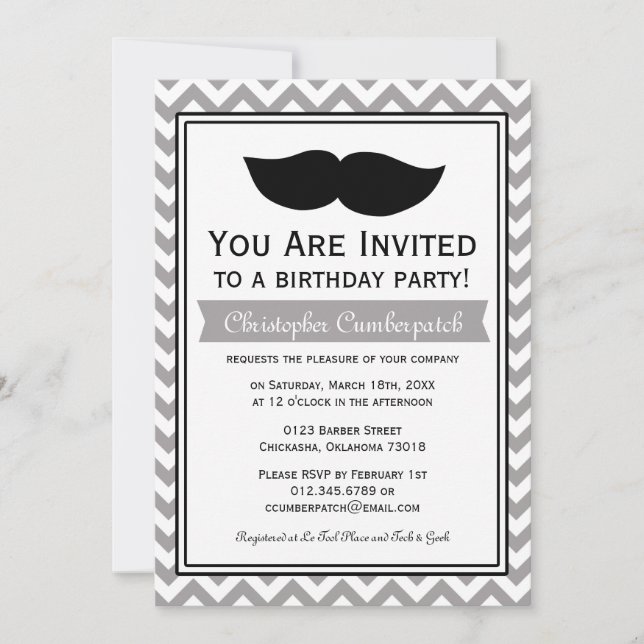 Grey Moustache Chevron Birthday Party Invitation (Front)