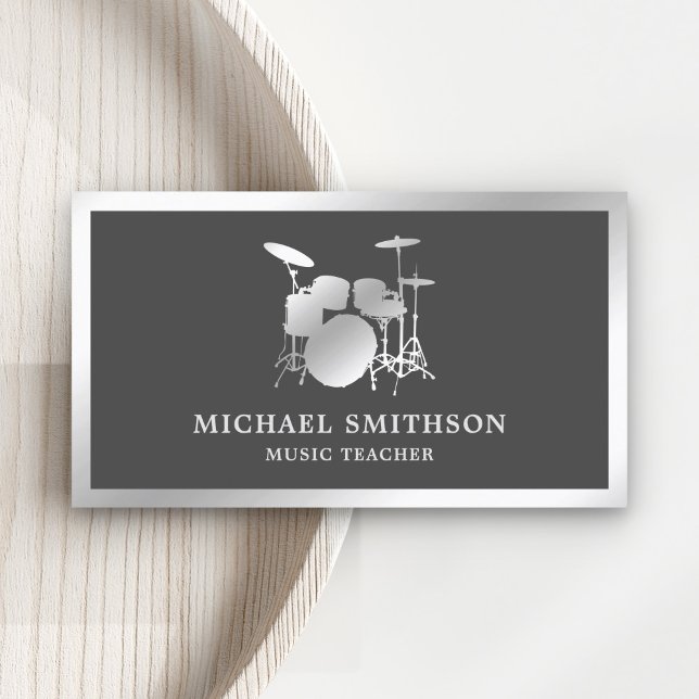 Grey Music Teacher Silver Foil Drum Kit Drummer Business Card (Creator Uploaded)