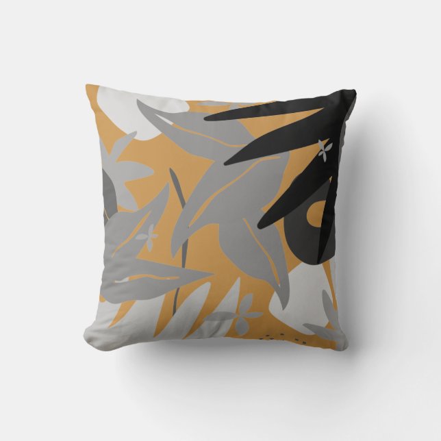 Grey & Mustard Artistic Abstract Botanical Cushion (Front)