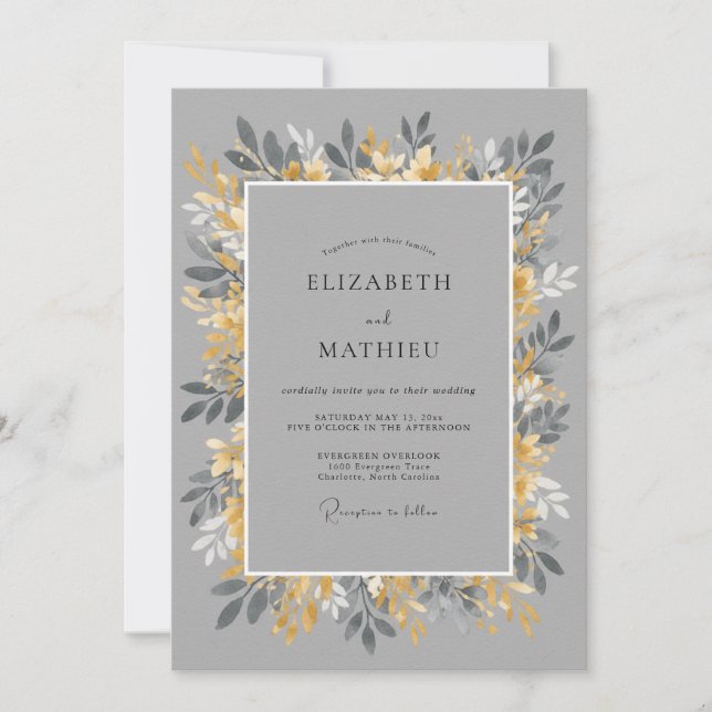 Grey Mustard Leafy Wedding Invitation (Front)