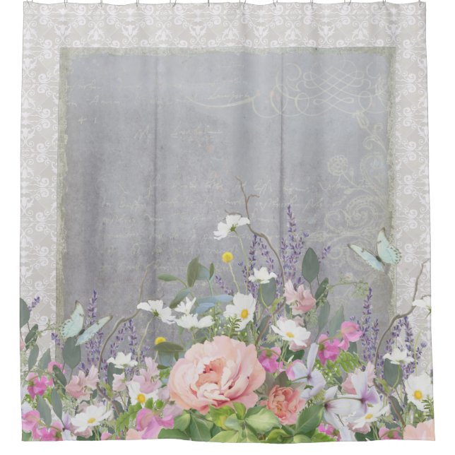 Grey n White Farmhouse Country Chic Floral Peonies Shower Curtain (Front)