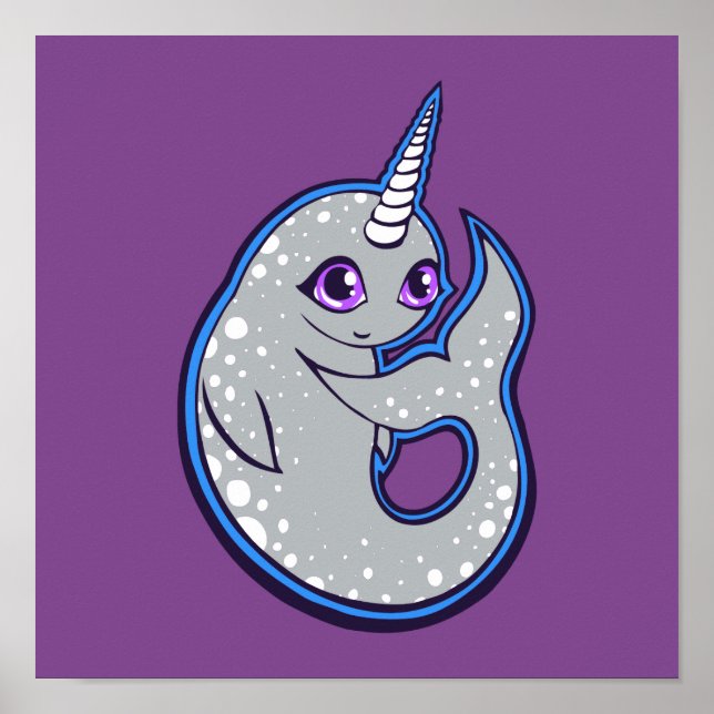 Grey Narwhal Whale With Spots Ink Drawing Design Poster (Front)