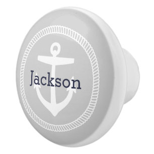 Grey Nautical Anchor Monogram Ceramic Knob