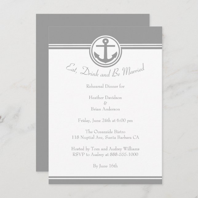 Grey Nautical Anchor Rehearsal Dinner Invite (Front/Back)