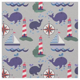 Grey, Navy Blue and Red, Whales   Nautical Fabric