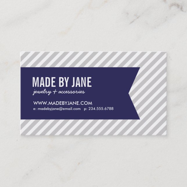 Grey & Navy Blue Modern Stripes & Ribbon Business Card (Front)