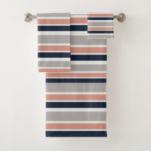 Grey Navy Blue Pink Coastal Stripes Pattern Bath Towel Set