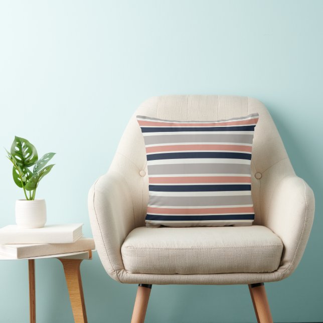 Grey Navy Blue Pink Coastal Stripes Pattern Cushion (Chair)