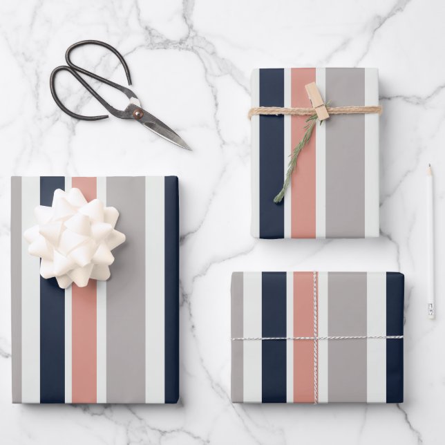 Grey Navy Blue Pink Coastal Stripes Pattern Wrapping Paper Sheet (Front)
