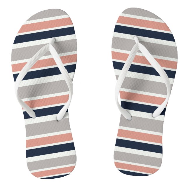 Grey Navy Blue Pink Coastal Stripes  Thongs (Footbed)
