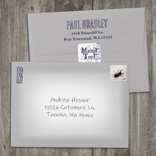Grey, Navy Blue Return Address Preprinted Monogram Envelope