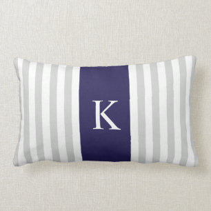 Grey Navy Blue Stripes Monogram Lumbar Cushion