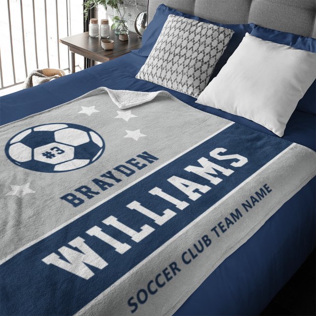 Grey Navy Custom Soccer Name and Number Fleece Blanket (Creator Uploaded)