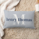 Grey & Navy | Name and Monogram Nursery Lumbar Cushion<br><div class="desc">Personalise this blue-grey and navy pillow with baby's name and monogram for a perfect addition to his nursery. Light grey-blue pillow features baby's name in rich navy blue,  overlaid on a single initial monogram in white. Add her birth date or a custom message to the back.</div>