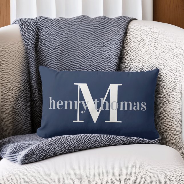 Grey & Navy | Name and Monogram Nursery Lumbar Cushion (Creator Uploaded)