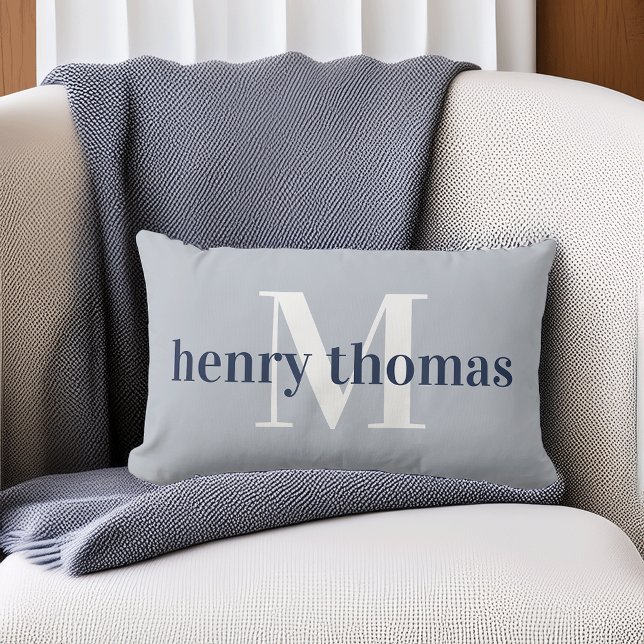 Grey & Navy | Name and Monogram Nursery Lumbar Cushion (Creator Uploaded)