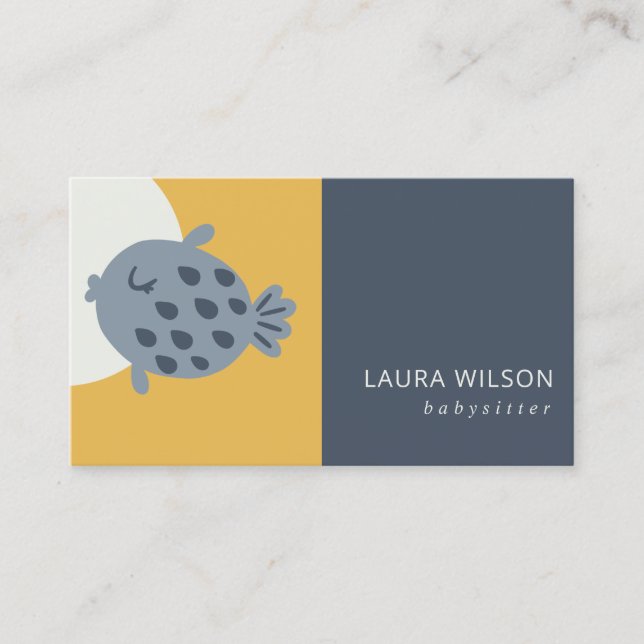 GREY NAVY OCHRE CUTE SANDI  LITTLE FISH BABYSITTER BUSINESS CARD (Front)