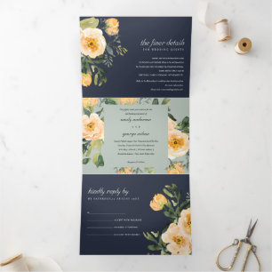 GREY NAVY PEACH PEONY FLORAL WATERCOLOR WEDDING Tri-Fold INVITATION