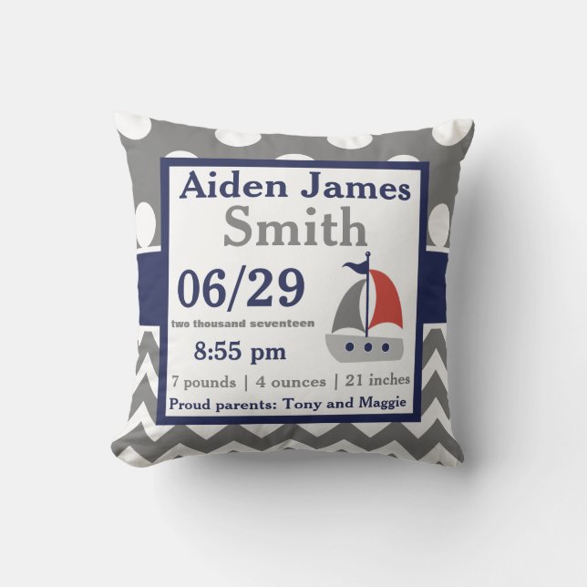 Grey Navy Sailboat Boat Birth Announcement Pillow (Front)
