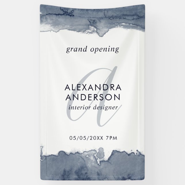 Grey Navy Watercolor Monogram Grand Opening Banner (Vertical)