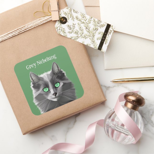 Grey Nebelung Cat with Custom Words Square Sticker (Gifting)