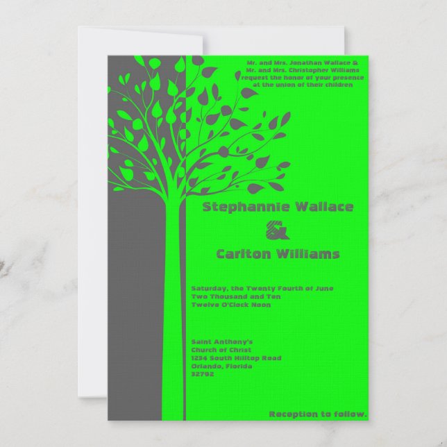 Grey/Neon Green Tree Wedding Invitation (Front)