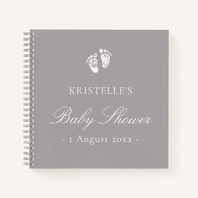 Grey Neutral Baby Footprint Baby Shower Guest Book (Front)