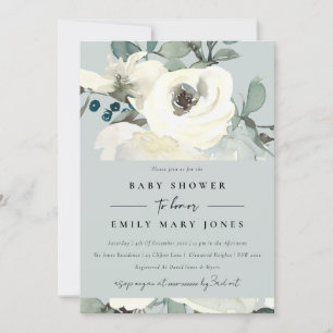 GREY NEUTRAL IVORY WHITE FLORAL BUNCH BABY SHOWER INVITATION