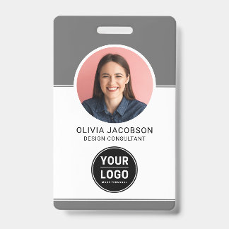 Grey Neutral Modern Company Employee Photo QR ID Badge