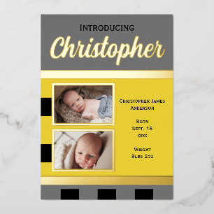 Grey new baby announcement gold foil flat card
