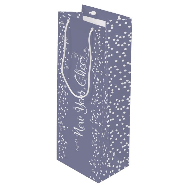 Grey New Year Cheer Elegant Modern White Snowflake Wine Gift Bag (Front Angled)