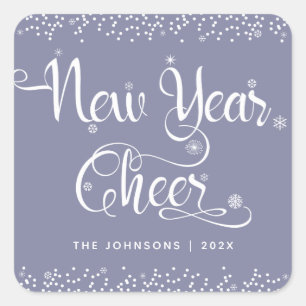 Grey New Year Cheer White Snowflakes Custom Name Square Sticker