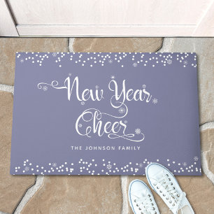Grey New Year Cheer White Snowflakes Script Name Doormat