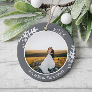 Grey Newlywed Snowflake 1st Christmas Ceramic Ornament