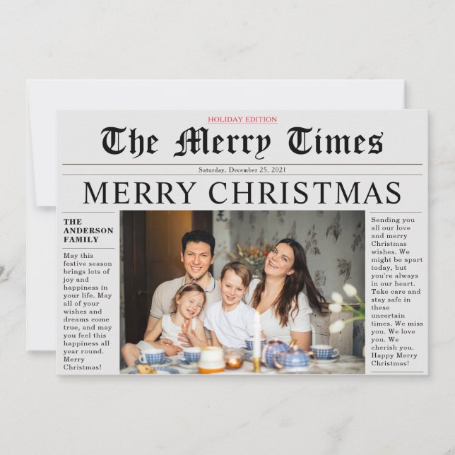 Grey Newspaper Merry Christmas Fun Photo Card (Front)