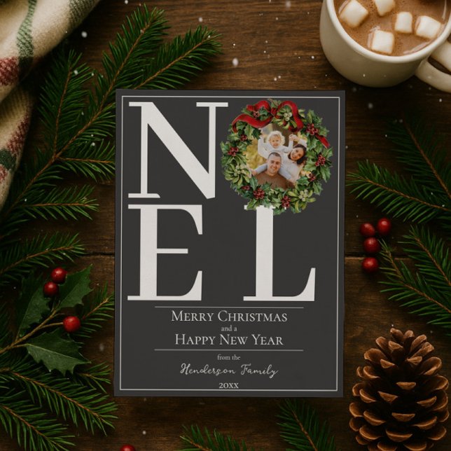 Grey Noel Christmas Wreath Photo Holiday Card (Gray Noel Christmas Wreath Photo Holiday Card)
