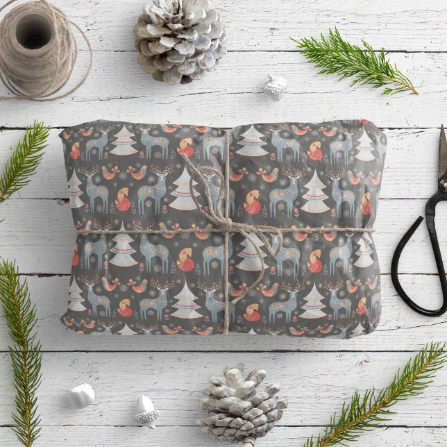 Grey Nordic Reindeer Christmas Tree Floral Holiday Wrapping Paper (Creator Uploaded)