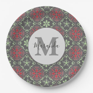 Grey Nordic Snowflake Winter Monogram Pattern Paper Plate