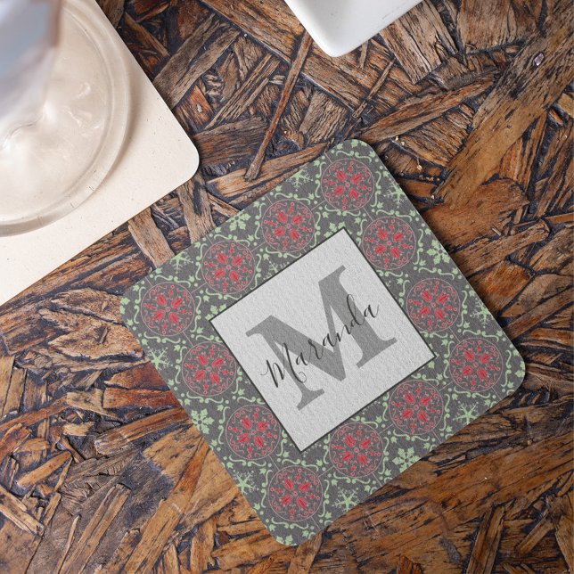 Grey Nordic Snowflake Winter Pattern Monogram Square Paper Coaster (Gray Nordic snowflake winter monogram coaster with elegant Scandinavian holiday pattern decor.)