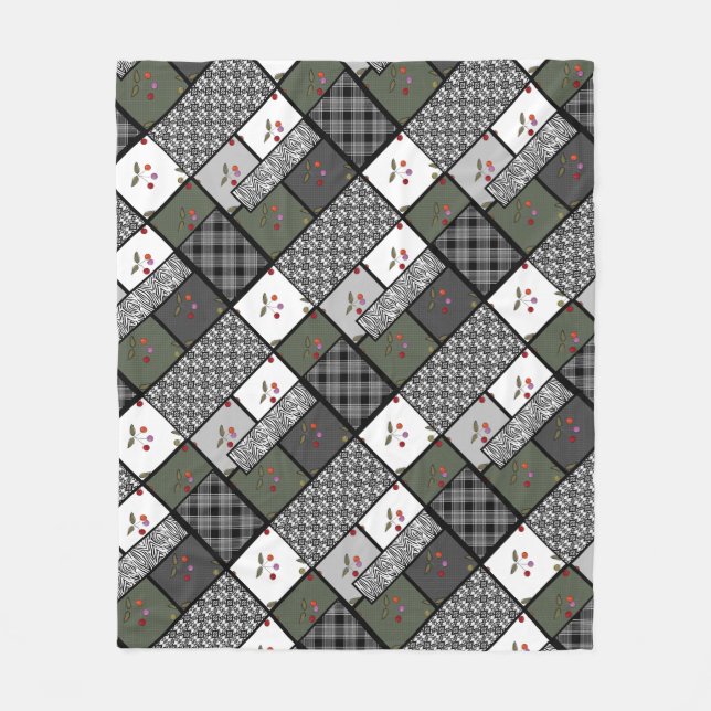 Grey Olive rustic patchwork pattern Fleece Blanket (Front)
