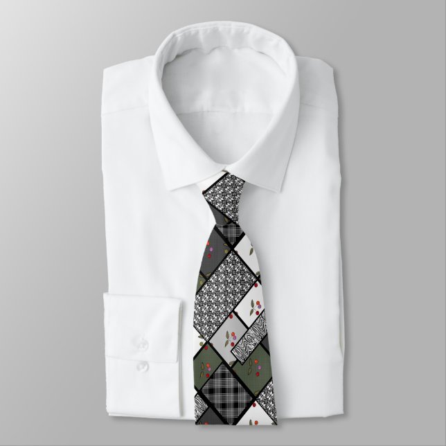Grey Olive rustic patchwork pattern Tie (Tied)
