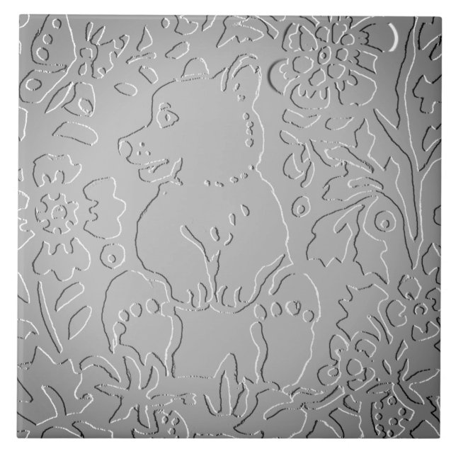 Grey Ombre Bear Woodland Embossed Floral Nature Ceramic Tile (Front)