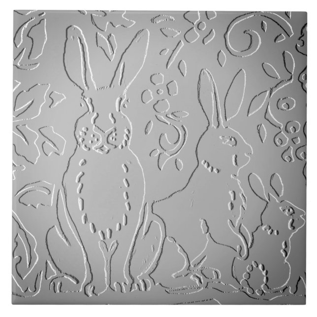 Grey Ombre Rabbit Woodland Embossed Floral Nature Ceramic Tile (Front)
