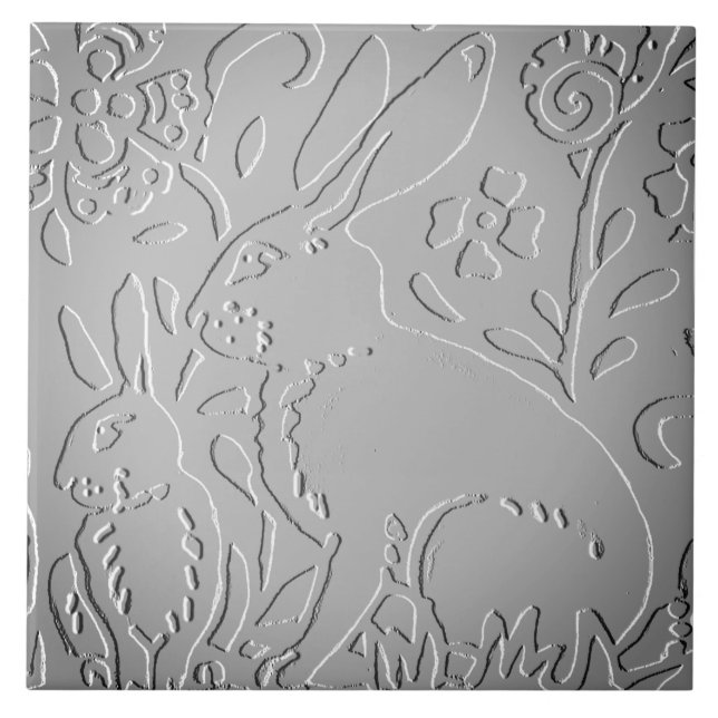 Grey Ombre Rabbit Woodland Embossed Floral Nature Ceramic Tile (Front)